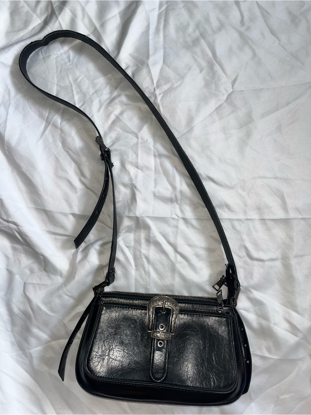 Goth Black Leather Crossbody Bag with Buckle Accent Western